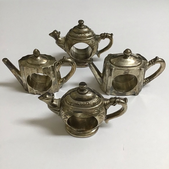 Godinger Silver-plate Teapot Napkin Rings Mixed SET OF 4 Silver Art 1994 Vintage - Picture 1 of 14